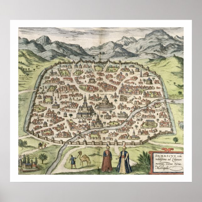 Poster Plan de la ville de Damas, Syrie, 1620 (gravure) (Devant)
