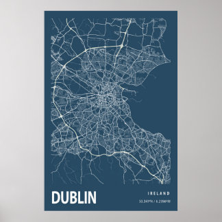 Poster Plan de la ville de Dublin Irlande Ligne Art Blue 