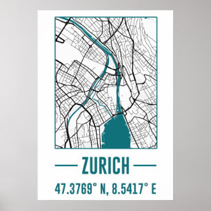 Poster plan de la ville minimaliste de Zurich, plan de la