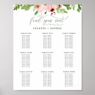 Poster Plan de siège à fleurs vert et rose Aquarelle