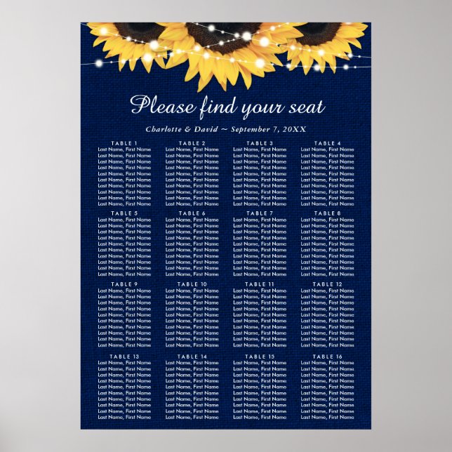 Poster Plan de siège du Mariage de tournesol bleu de la M (Devant)
