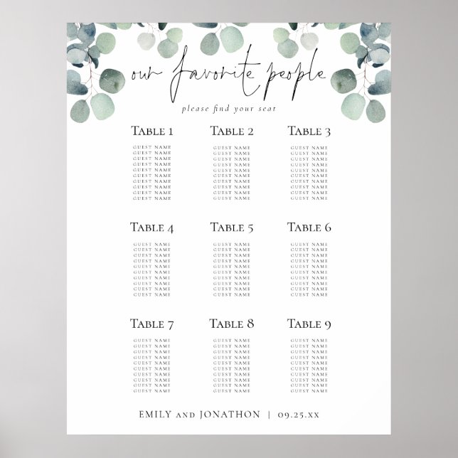 Poster Plan de siège Eucalyptus Mariages Favoris Personne (Devant)