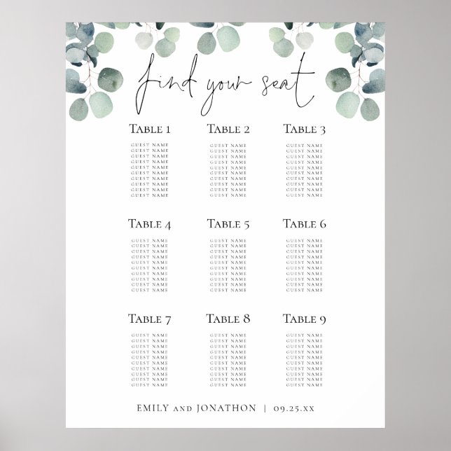 Poster Plan de siège Eucalyptus Trouvez votre Mariage de  (Devant)