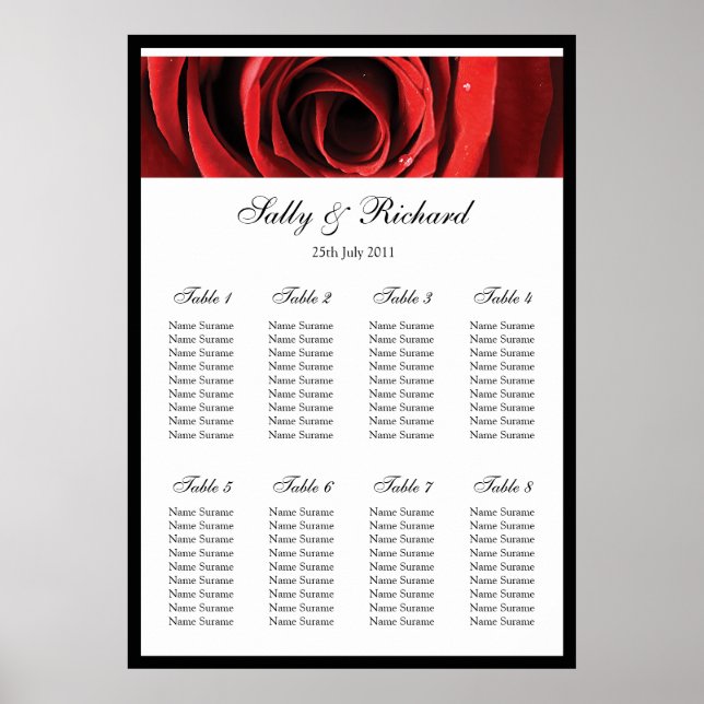 Poster Plan de siège Mariage Rose rouge (Devant)