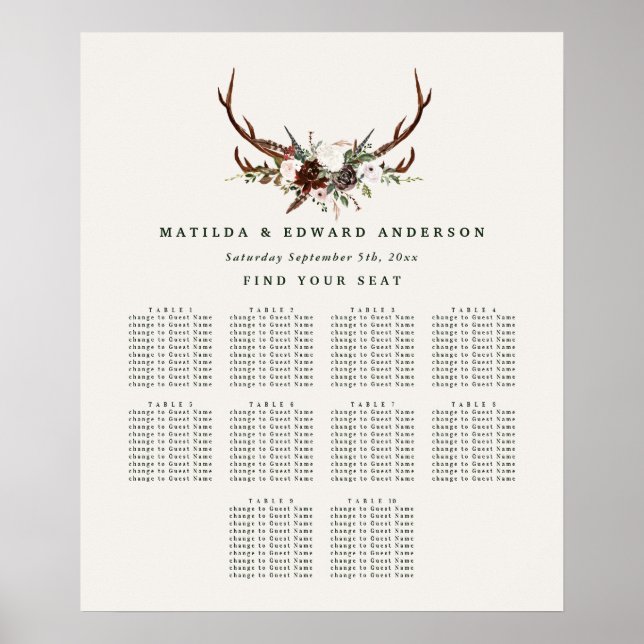 Poster Plan de sièges botanique fleuri rustique mariage (Devant)