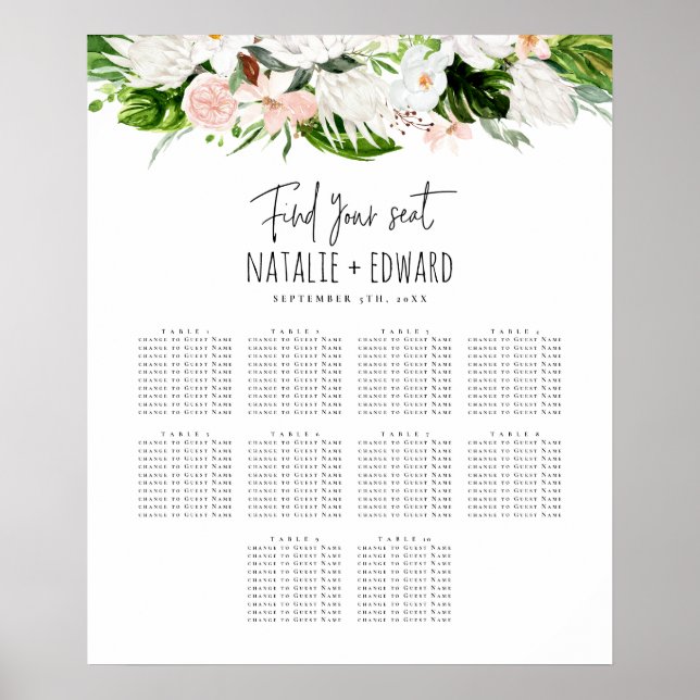 Poster Plan de sièges mariage à fleurs d'aquarelle tropic (Devant)