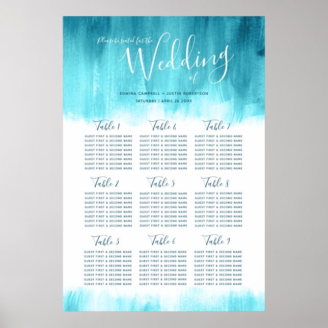 Poster Plan de table abstrait bleu mariage aqua vert (Devant)