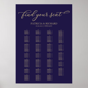 Poster Plan de table alphabétique Élégant Or Bleu Nuit