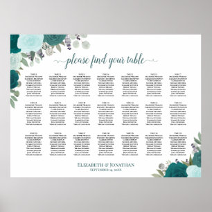 Poster Plan de table bohème floral sarcelle pour 21 table
