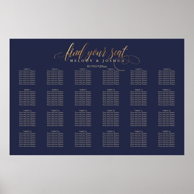 Poster Plan de table calligraphié PixDezines Navy+Or (Devant)