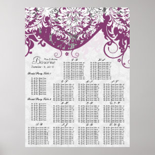 Poster Plan de table damassé violet par ordre alphabétiqu