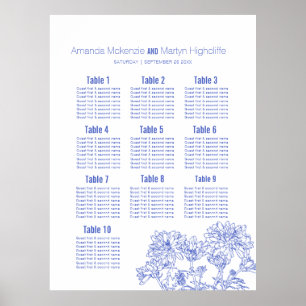 Poster plan de table d'art dessiné bleu mariage chrysanth