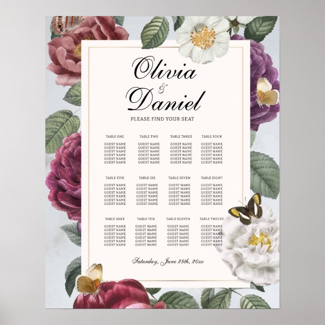 Poster Plan de table de mariage 12 fleurs papillon floral (Devant)
