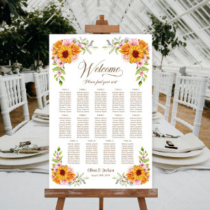 Poster Plan de table de mariage 14 tables Tournesol Rose