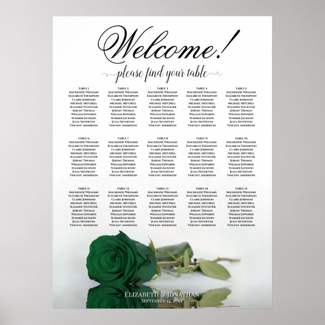 Poster Plan de table de mariage 15 tables Rose vert émera (Devant)