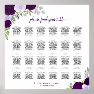 Poster Plan de table de mariage 24 roses pourpres rustiqu