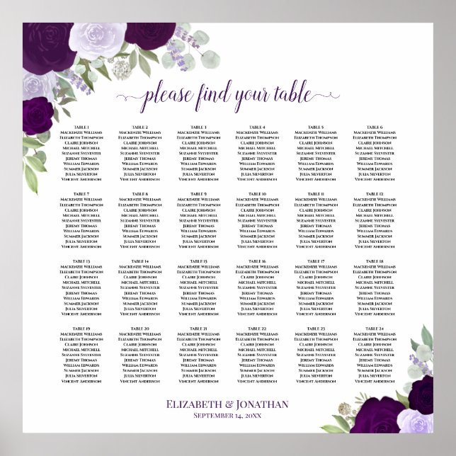Poster Plan de table de mariage 24 roses pourpres rustiqu (Devant)