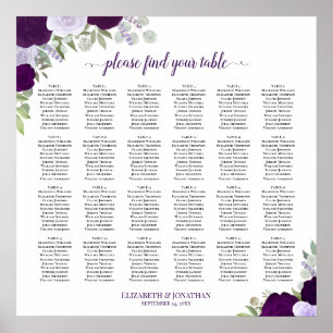 Poster Plan de table de mariage 24 tables Roses violettes