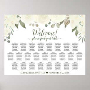 Poster Plan de table de mariage 25 tables Roses Blanches