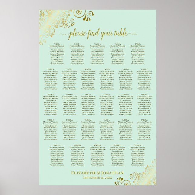 Poster Plan de table de mariage à 28 tables Vert Menthe & (Devant)
