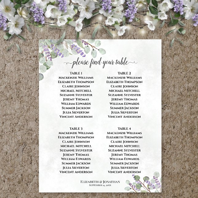 Poster Plan de table de mariage à 4 tables Lavande Eucaly (In Situ on Wall with Decorations)
