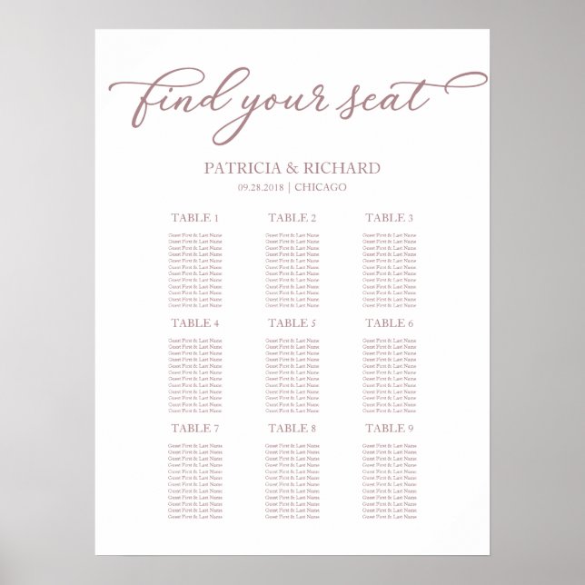 Poster Plan de table de mariage à 9 tables écriture rose  (Devant)