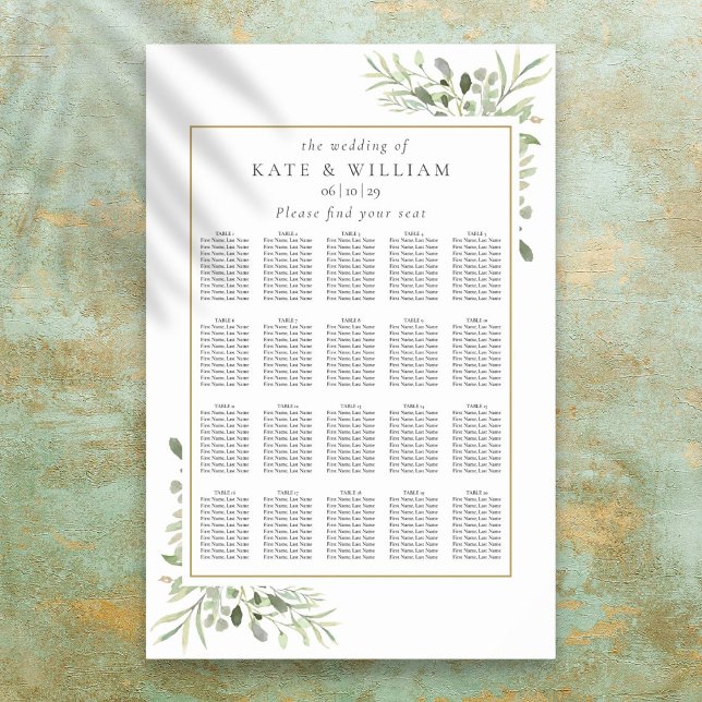 Poster Plan de table de mariage à la verdure moderne (Modern Greenery Wedding Seating Plan Chart)