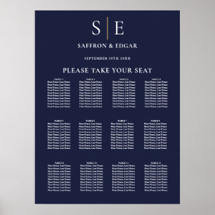 Poster Plan de table de mariage à monogramme bleu marine 