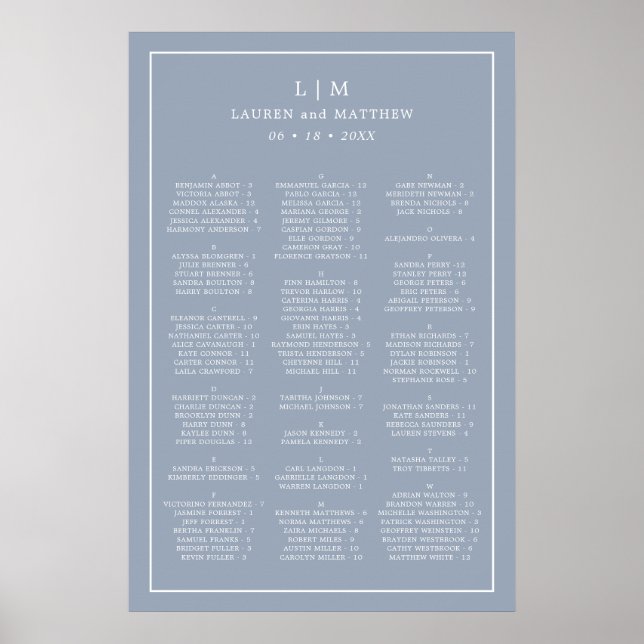Poster Plan de table de mariage à monogramme bleu poussié (Devant)