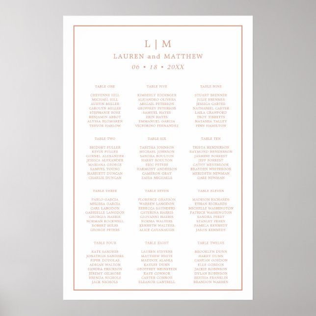 Poster Plan de table de mariage à monogramme rose simple (Devant)