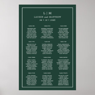 Poster Plan de table de mariage à monogramme vert forêt s