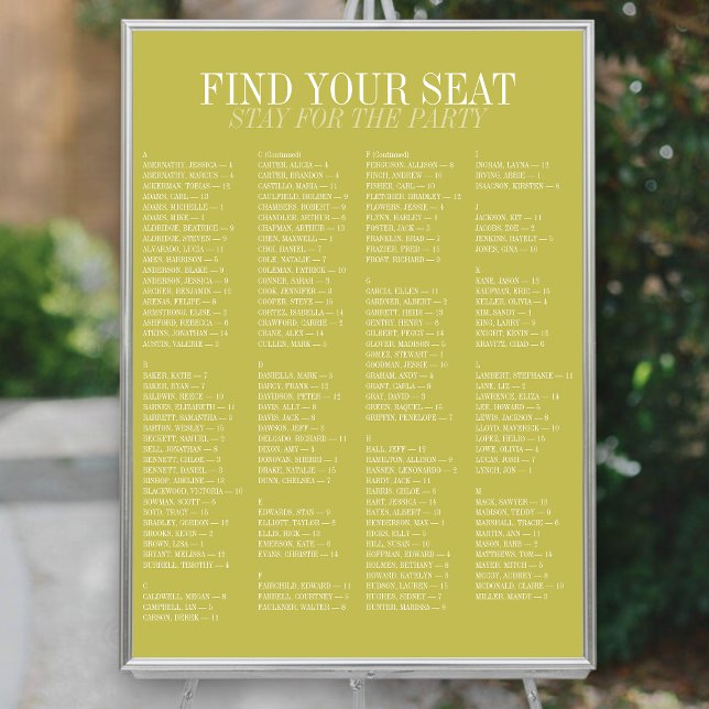 Poster Plan de table de mariage alphabétique Chartreuse (Chartreuse Alphabetical Wedding Seating Chart)