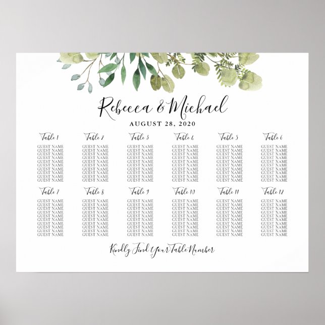 Poster Plan de table de mariage avec 12 tables et verdure (Devant)