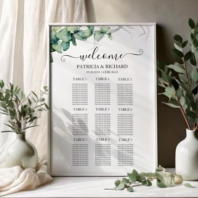 Poster Plan de table de mariage avec 9 tables et verdure  (Créateur téléchargé)