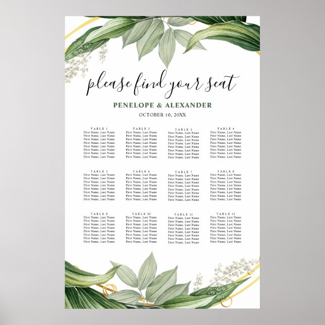 Poster Plan de table de mariage avec feuilles de verdure  (Devant)