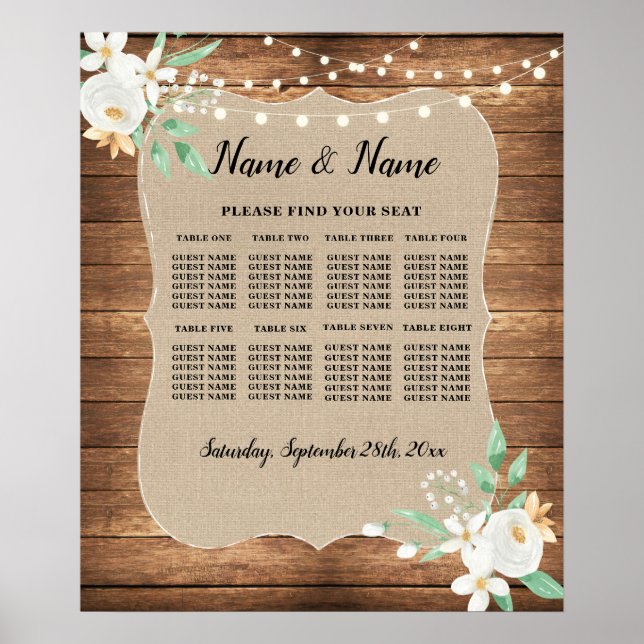 Poster Plan de table de mariage blanc floral 8 places (Devant)
