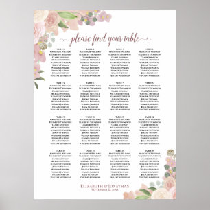 Poster Plan de table de mariage bohème rose pour 16 table