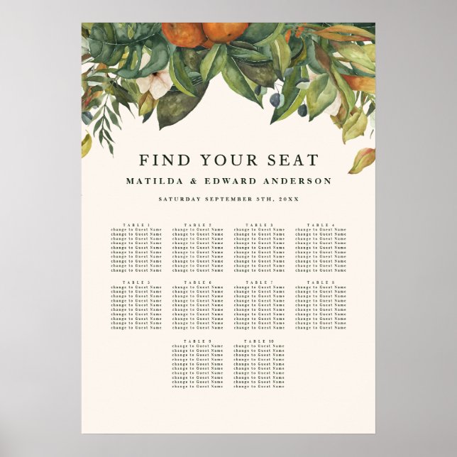 Poster Plan de table de mariage botanique floral de citru (Devant)