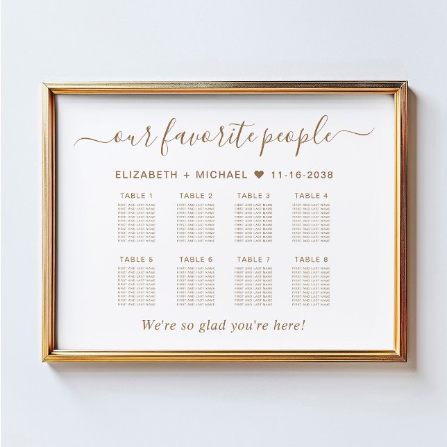 Poster Plan de table de mariage chic or script 8 tables (Créateur téléchargé)