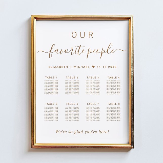 Poster Plan de table de mariage chic or script 8 tables (Créateur téléchargé)