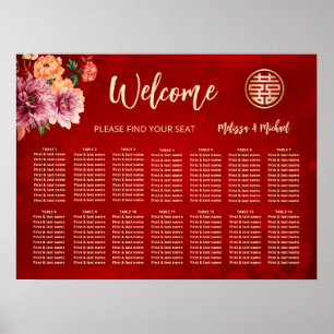 Poster Plan de table de mariage chinois rouge paeonia