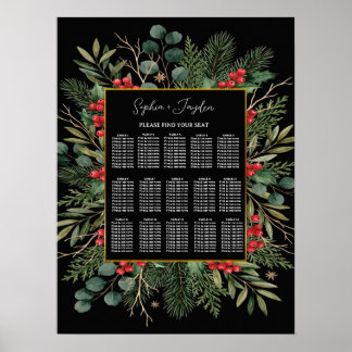 Poster Plan de table de mariage de Noël noir à feuillage