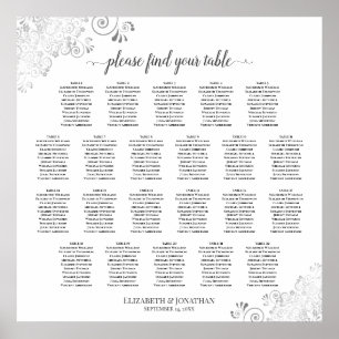 Poster Plan de table de mariage élégant argent blanc 22 t