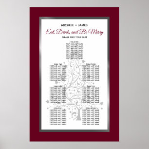 Poster Plan de table de mariage élégant argent et bordeau