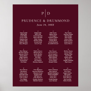 Poster Plan de table de mariage élégant bordeaux foncé