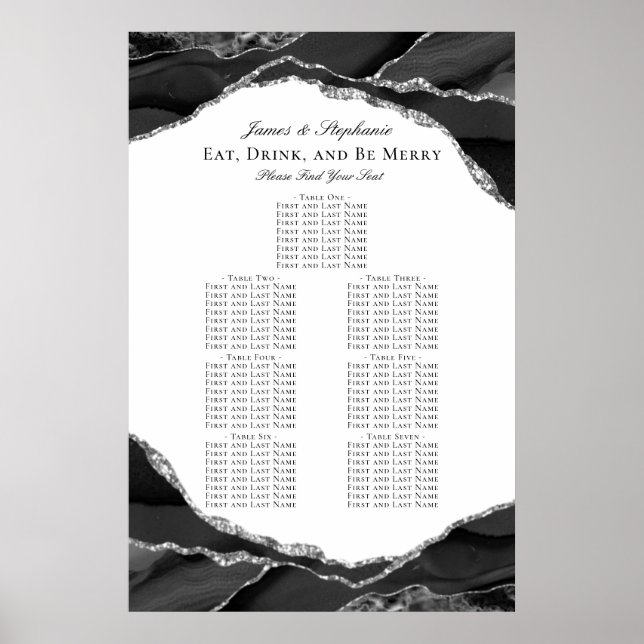 Poster Plan de table de mariage élégant en argent et agat (Devant)