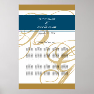 Poster Plan de table de mariage élégant monogramme bleu o