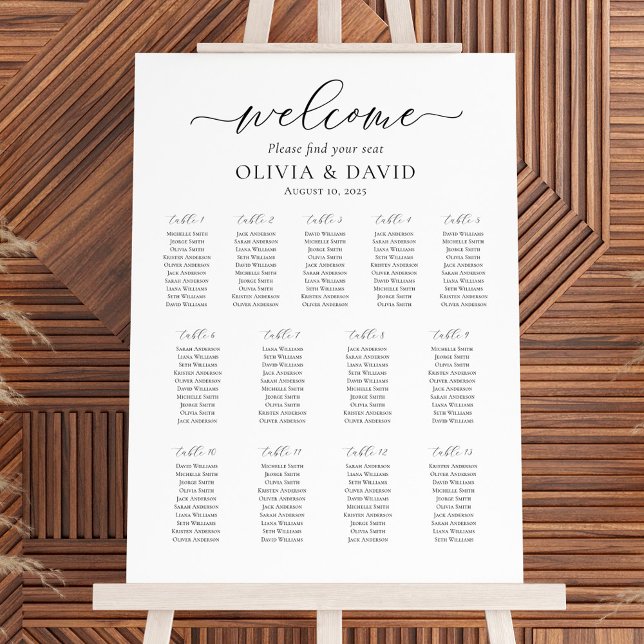 Poster Plan de table de mariage élégant Script 13 Tables  (Créateur téléchargé)