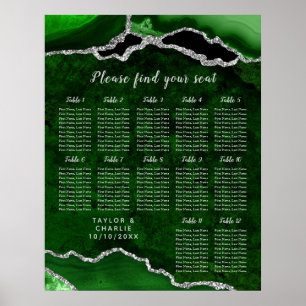 Poster Plan de table de mariage en agate argentée verte 1