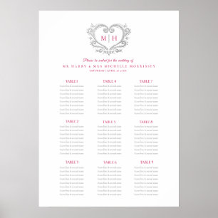 Poster Plan de table de mariage en couronne de coeurs rou